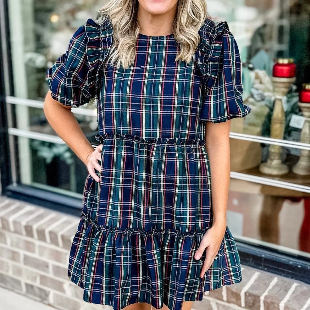 Entro Plaid Midi Dress - Navy and Green